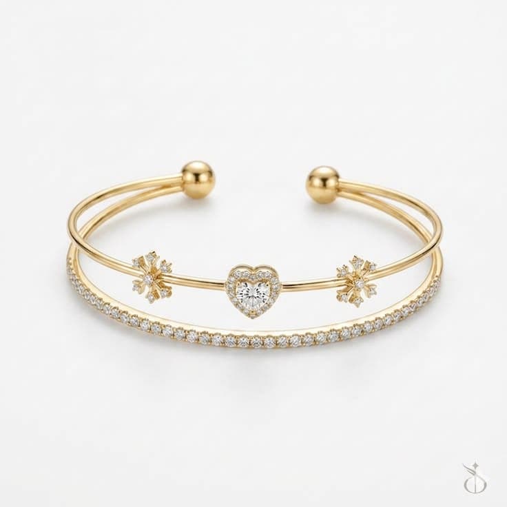  Gold Snowflake and Heart Cuff Bracelet for Women