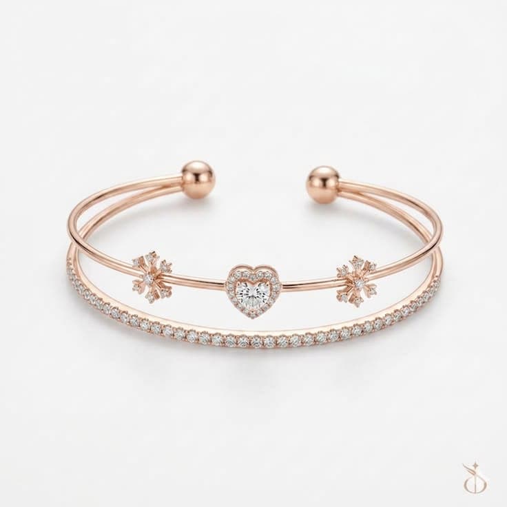 Rose Gold Snowflake and Heart Cuff Bracelet for Women