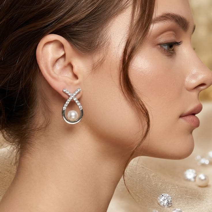 Silver Criss-Cross Pearl Drop Earrings