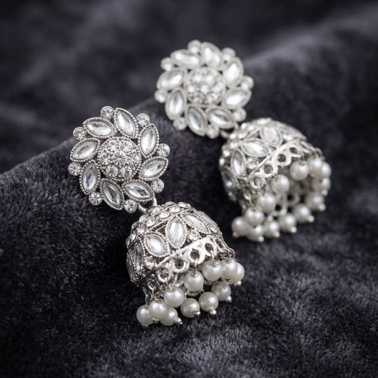 Silver Floral Pearl Jhumkas