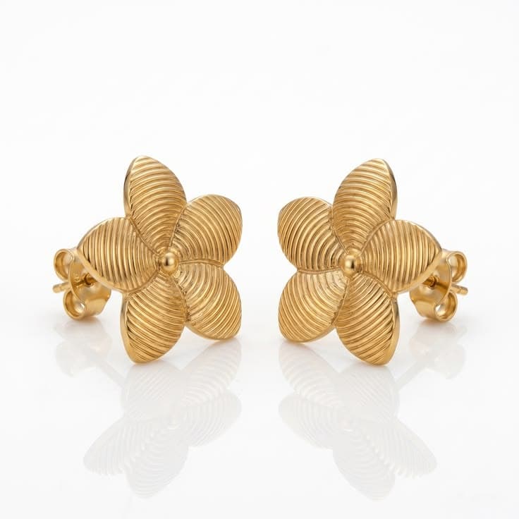 Gold Floral Ribbed Stud Earrings